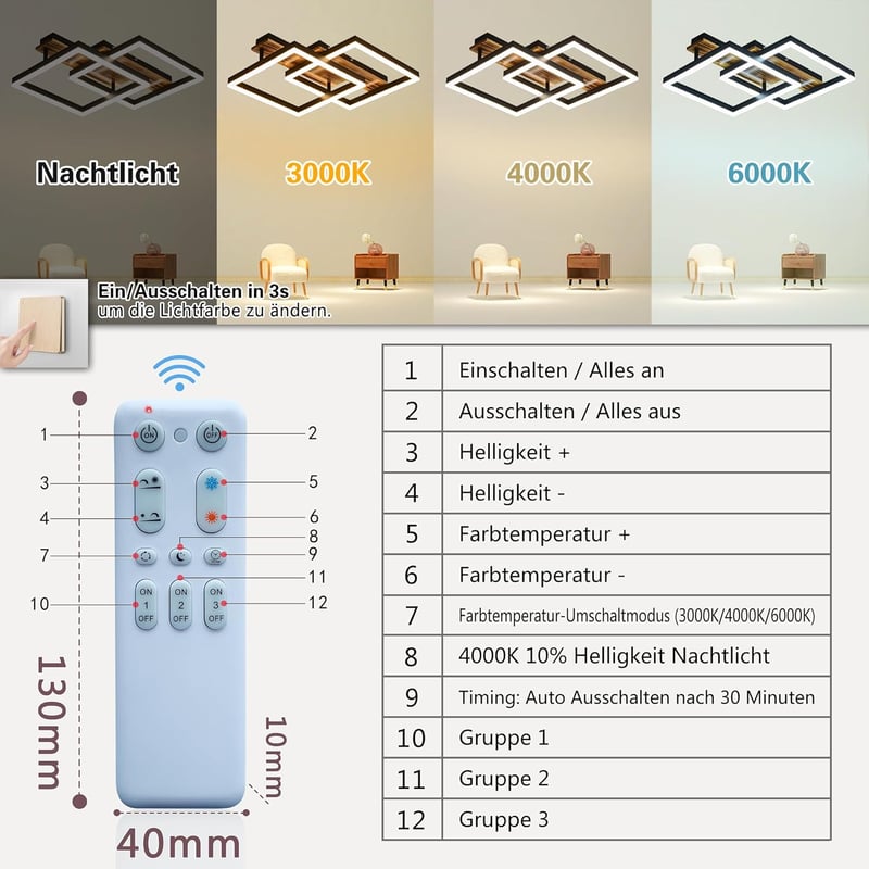 SEATAIN LED Mennyezeti Lámpa Fa Kerettel Dimmelhető Távirányítóval 47cm - Black