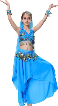 Costum de dans oriental Seawhisper pentru fete, stil Bollywood, ținută de carnaval, albastru, mărimea 140-146, șifon cu paiete, costum pentru copii de Halloween și carnaval 5