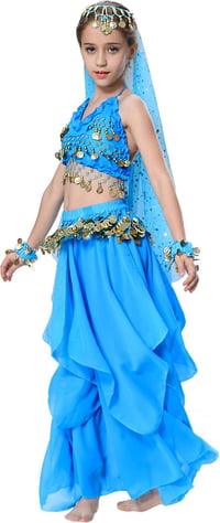 Costum de dans oriental Seawhisper pentru fete, stil Bollywood, ținută de carnaval, albastru, mărimea 140-146, șifon cu paiete, costum pentru copii de Halloween și carnaval 3