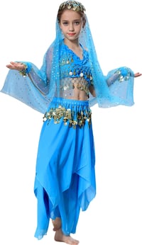 Costum de dans oriental Seawhisper pentru fete, stil Bollywood, ținută de carnaval, albastru, mărimea 140-146, șifon cu paiete, costum pentru copii de Halloween și carnaval 6