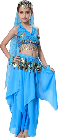 Costum de dans oriental Seawhisper pentru fete, stil Bollywood, ținută de carnaval, albastru, mărimea 140-146, șifon cu paiete, costum pentru copii de Halloween și carnaval 1