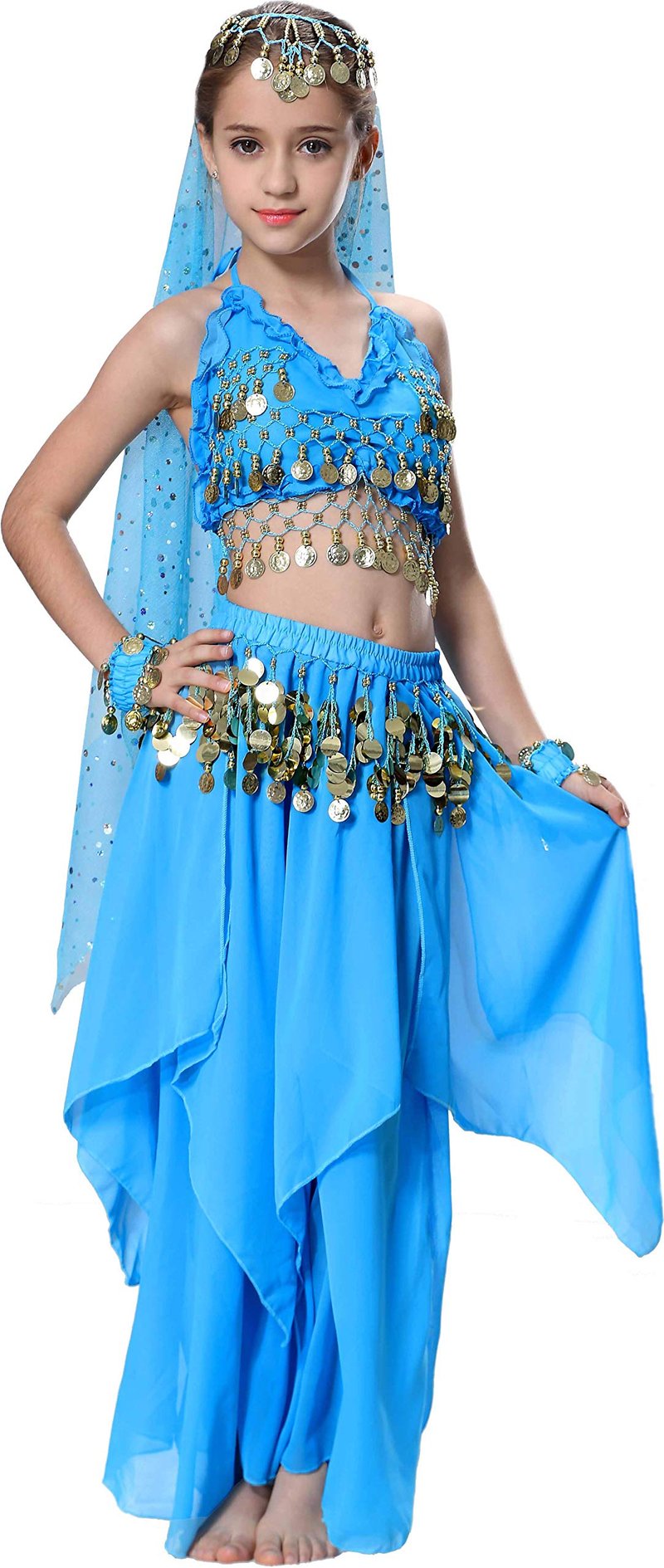 Costum de dans oriental Seawhisper pentru fete, stil Bollywood, ținută de carnaval, albastru, mărimea 140-146, șifon cu paiete, costum pentru copii de Halloween și carnaval