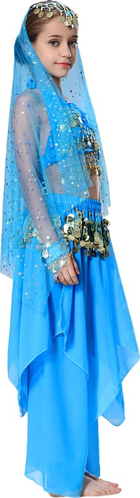 Costum de dans oriental Seawhisper pentru fete, stil Bollywood, ținută de carnaval, albastru, mărimea 140-146, șifon cu paiete, costum pentru copii de Halloween și carnaval 4