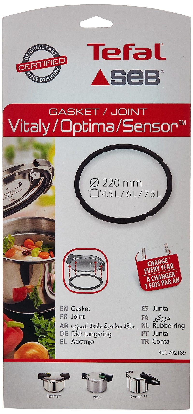 SEB brtveni prsten 792189 za ekspres lonac Tefal Sensor/Classic 4,5/6/7,5 L 220 mm sivi