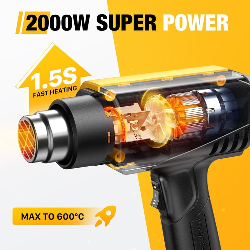 SEEKONE 2000W Hőlégfúvó 50-600°C Állítható Hőmérséklettel - Gyors Felfűtésű Hőpisztoly 4 Fúvókával Festék Eltávolításhoz, Barkácsoláshoz