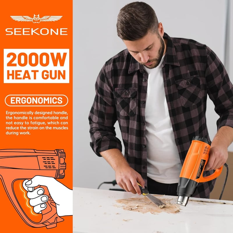SEEKONE Hőlégfúvó Készlet 2000W, 60-600°C Hőmérséklet Szabályozással, 4 Fúvókával Festékeltávolításhoz, Forrasztáshoz és Zsugorításhoz