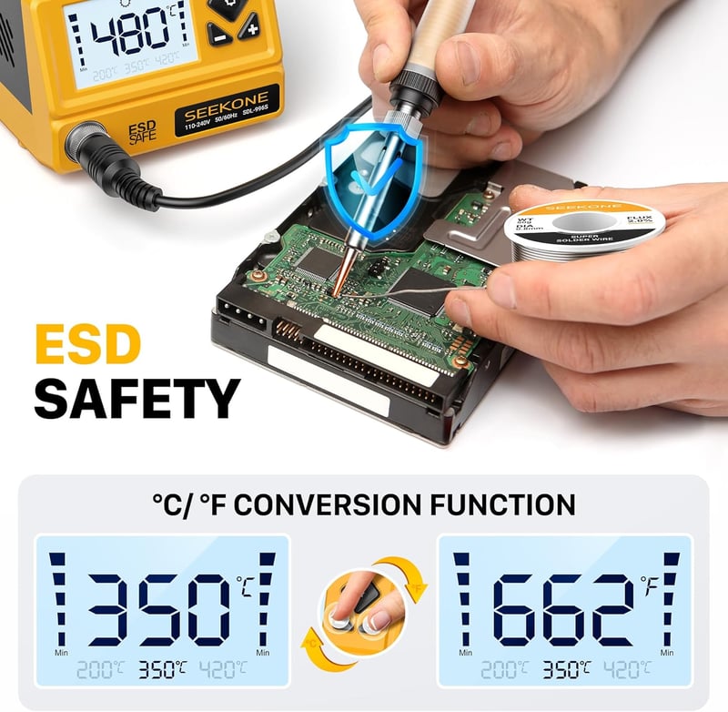 SEEKONE Professzionális Forrasztóállomás 60W - Digitális LCD Kijelzővel, 200-480°C Állítható Hőmérséklet, 5 Cserélhető Heggyel, °C/°F Átvált