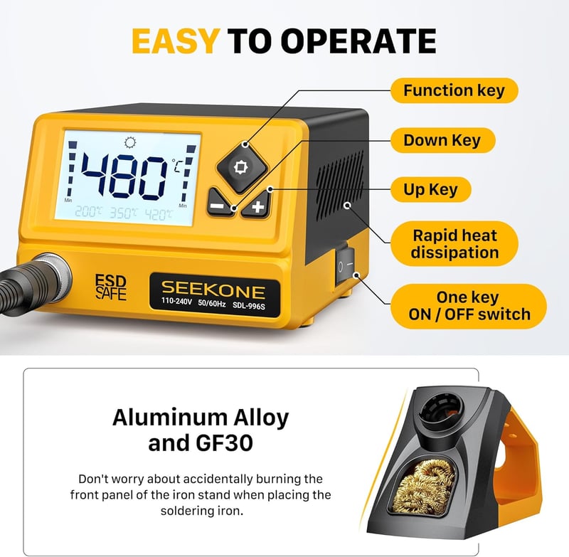 SEEKONE Professzionális Forrasztóállomás 60W - Digitális LCD Kijelzővel, 200-480°C Állítható Hőmérséklet, 5 Cserélhető Heggyel, °C/°F Átvált