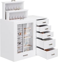 Seelux Fehér Ékszertartó Doboz 8 Fiókkal - Üvegablakos Nyaklánc, Gyűrű, Karkötő, Fülbevaló Tároló Szekrény Műbőr Borítással 1