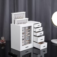 Seelux Fehér Ékszertartó Doboz 8 Fiókkal - Üvegablakos Nyaklánc, Gyűrű, Karkötő, Fülbevaló Tároló Szekrény Műbőr Borítással 7