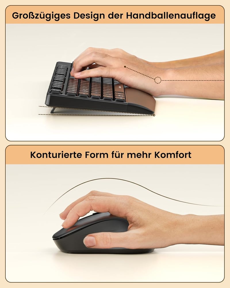 Seenda Bluetooth Billentyűzet és Egér Szett - Ergonomikus, Vezeték Nélküli QWERTZ Kiosztás, Kettős Csatlakozás (2.4G/BT), Csuklótámasszal, W