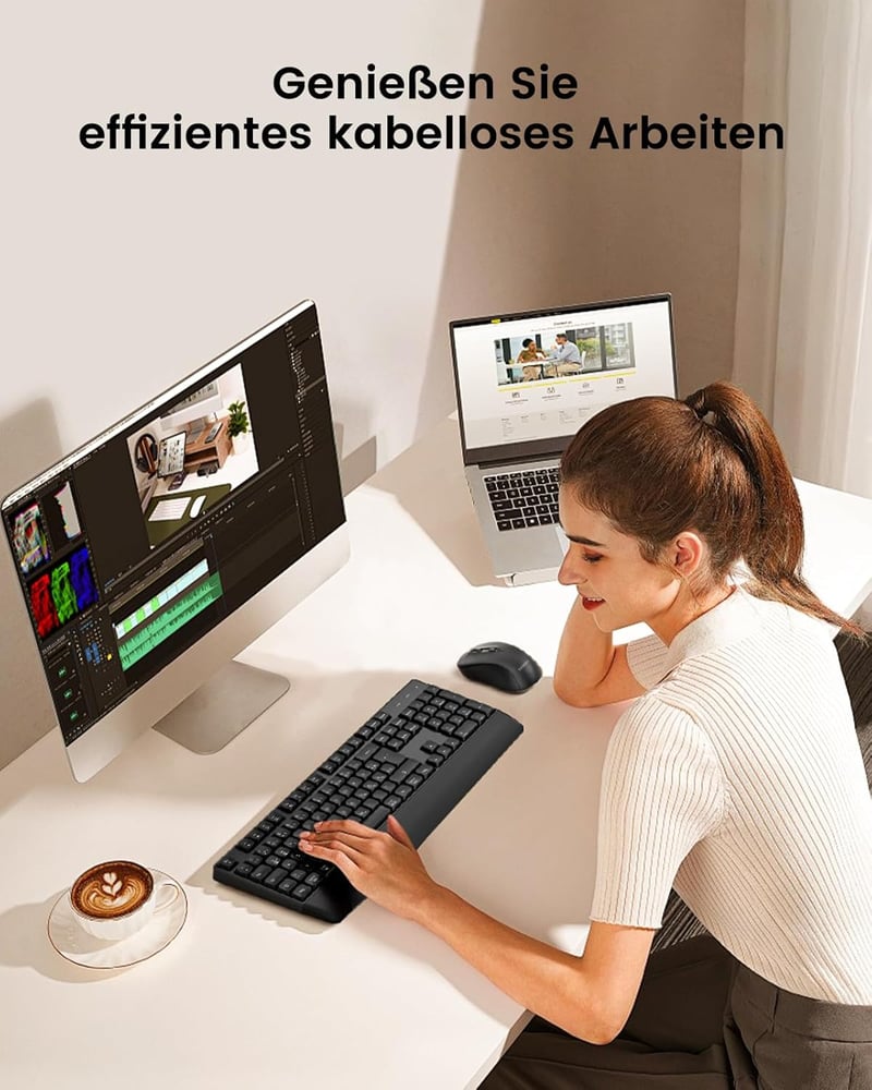 Seenda Bluetooth Billentyűzet és Egér Szett - Ergonomikus, Vezeték Nélküli QWERTZ Kiosztás, Kettős Csatlakozás (2.4G/BT), Csuklótámasszal, W