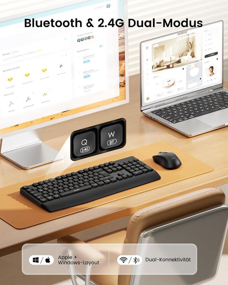 Seenda Bluetooth Billentyűzet és Egér Szett - Ergonomikus, Vezeték Nélküli QWERTZ Kiosztás, Kettős Csatlakozás (2.4G/BT), Csuklótámasszal, W