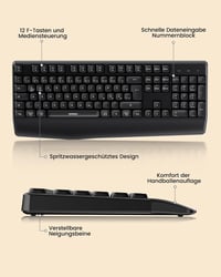 Seenda Bluetooth Billentyűzet és Egér Szett - Ergonomikus, Vezeték Nélküli QWERTZ Kiosztás, Kettős Csatlakozás (2.4G/BT), Csuklótámasszal, W 5