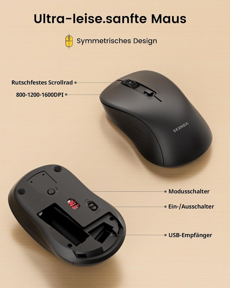 Seenda Bluetooth Billentyűzet és Egér Szett - Ergonomikus, Vezeték Nélküli QWERTZ Kiosztás, Kettős Csatlakozás (2.4G/BT), Csuklótámasszal, W