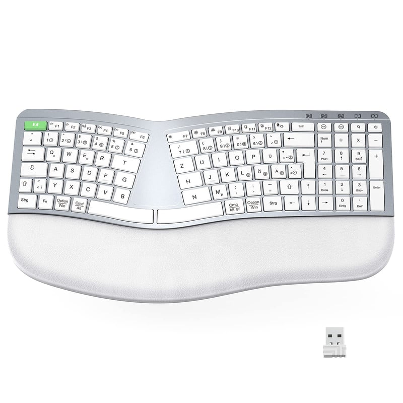 Tastatură wireless ergonomică Seenda, USB, cu suport pentru palme, compatibilă cu Mac și Windows, layout german, alb-argintiu