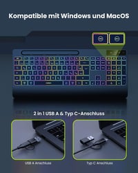 seenda KOE200 Vezetékes Ergonomikus Billentyűzet Csuklótámasszal, Mobiltelefon Tartóval, Háttérvilágítással - QWERTZ Kiosztás, PC/Mac Kompat 3