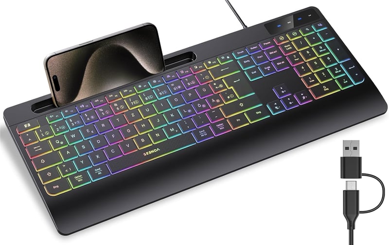 seenda KOE200 Vezetékes Ergonomikus Billentyűzet Csuklótámasszal, Mobiltelefon Tartóval, Háttérvilágítással - QWERTZ Kiosztás, PC/Mac Kompat