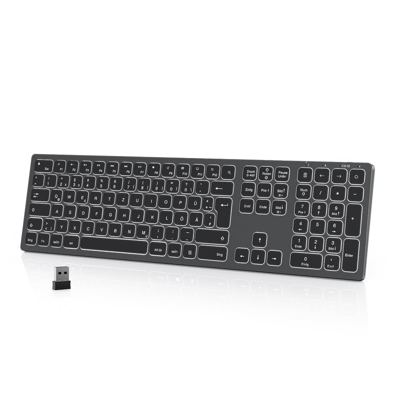 Tastatură wireless cu LED Seenda, QWERTZ, reîncărcabilă, pentru PC/laptop, gri stelar