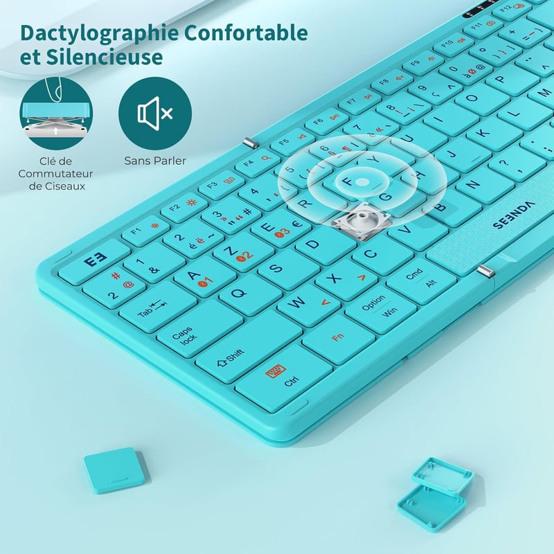 seenda Összecsukható Bluetooth Billentyűzet - Kék, Hordozható Vezeték Nélküli AZERTY Numerikus Billentyűzettel, iOS Android Windows iPad Tab