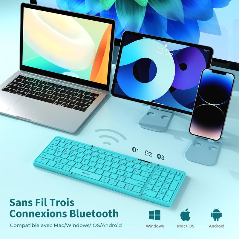 seenda Összecsukható Bluetooth Billentyűzet - Kék, Hordozható Vezeték Nélküli AZERTY Numerikus Billentyűzettel, iOS Android Windows iPad Tab