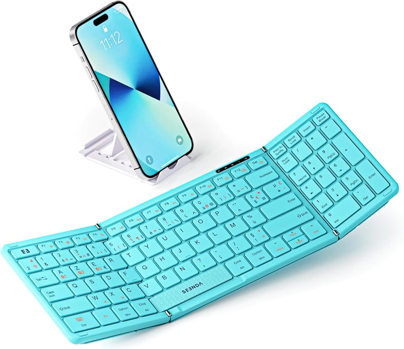 seenda Összecsukható Bluetooth Billentyűzet - Kék, Hordozható Vezeték Nélküli AZERTY Numerikus Billentyűzettel, iOS Android Windows iPad Tab