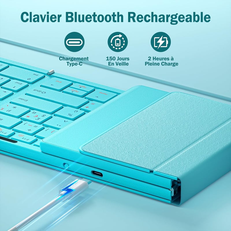seenda Összecsukható Bluetooth Billentyűzet - Kék, Hordozható Vezeték Nélküli AZERTY Numerikus Billentyűzettel, iOS Android Windows iPad Tab