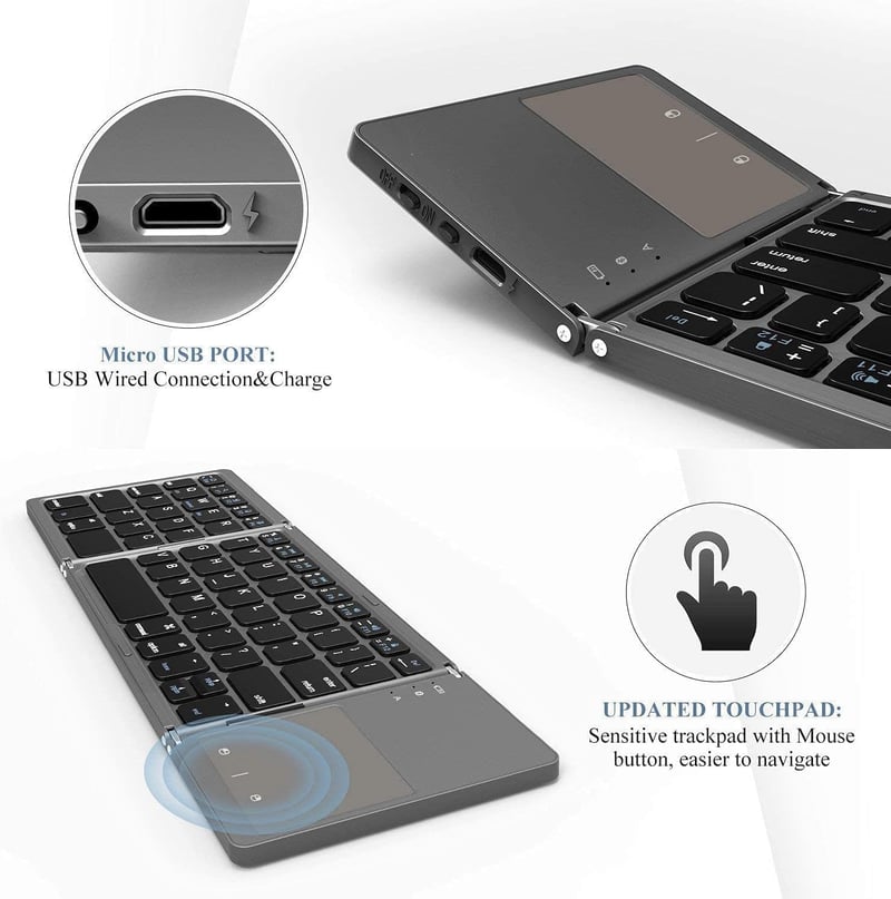 seenda Összehajtható Bluetooth Billentyűzet Érintőpaddal - 2 az 1-ben (Bluetooth + USB) Újratölthető AZERTY Hordozható Billentyűzet PC/Table