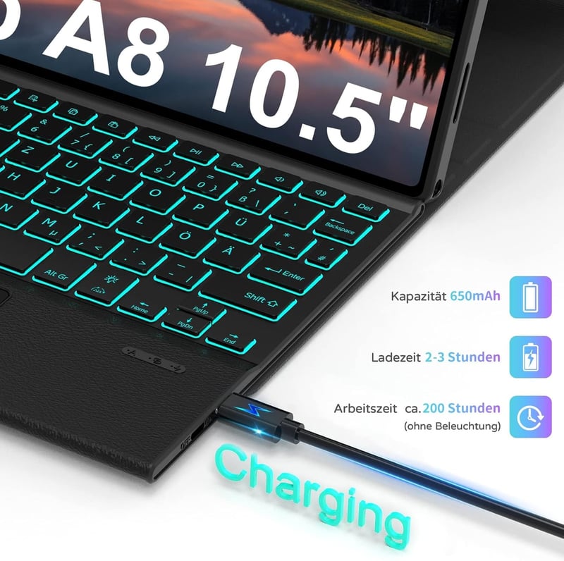 seenda Samsung Galaxy Tab A8 Tok Billentyűzettel - Háttérvilágítású Bluetooth Billentyűzet Érintőpaddal, 10.5" Tablet Védőtok, SM-X200/X205/