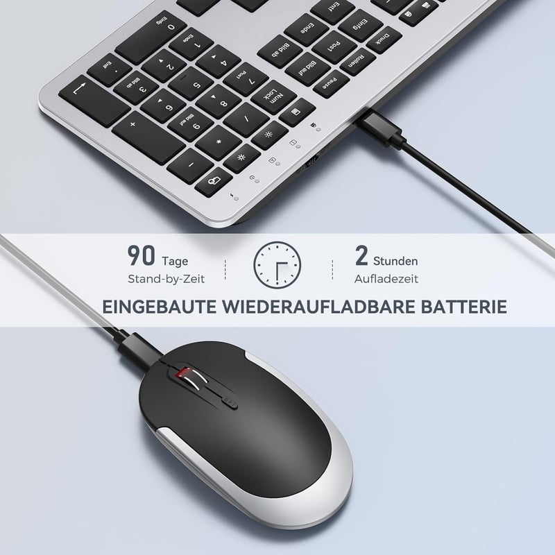 seenda SK38-3 Vezeték Nélküli Billentyűzet Egér Szett, Ultra Vékony Újratölthető Wireless Keyboard Mouse Kombó, Ergonomikus QWERTZ Fekete Ez