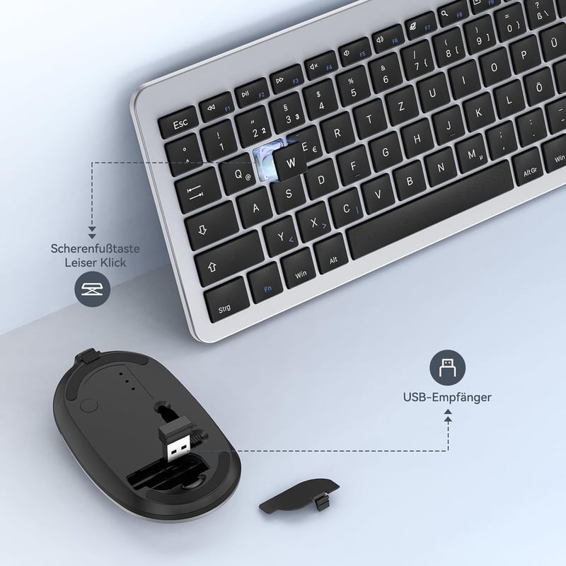 seenda SK38-3 Vezeték Nélküli Billentyűzet Egér Szett, Ultra Vékony Újratölthető Wireless Keyboard Mouse Kombó, Ergonomikus QWERTZ Fekete Ez