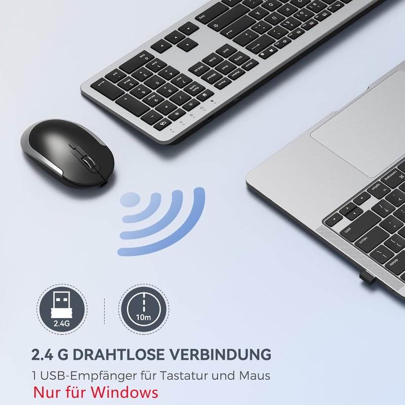 seenda SK38-3 Vezeték Nélküli Billentyűzet Egér Szett, Ultra Vékony Újratölthető Wireless Keyboard Mouse Kombó, Ergonomikus QWERTZ Fekete Ez