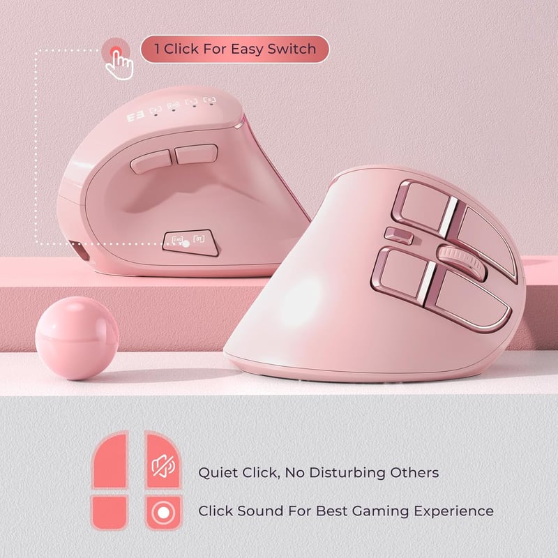 seenda Vertikális Ergonomikus Egér - Bluetooth + 2.4G Vezeték Nélküli, Rózsaszín, Újratölthető, Többeszközös Kompatibilitás Windows/Mac/Andr