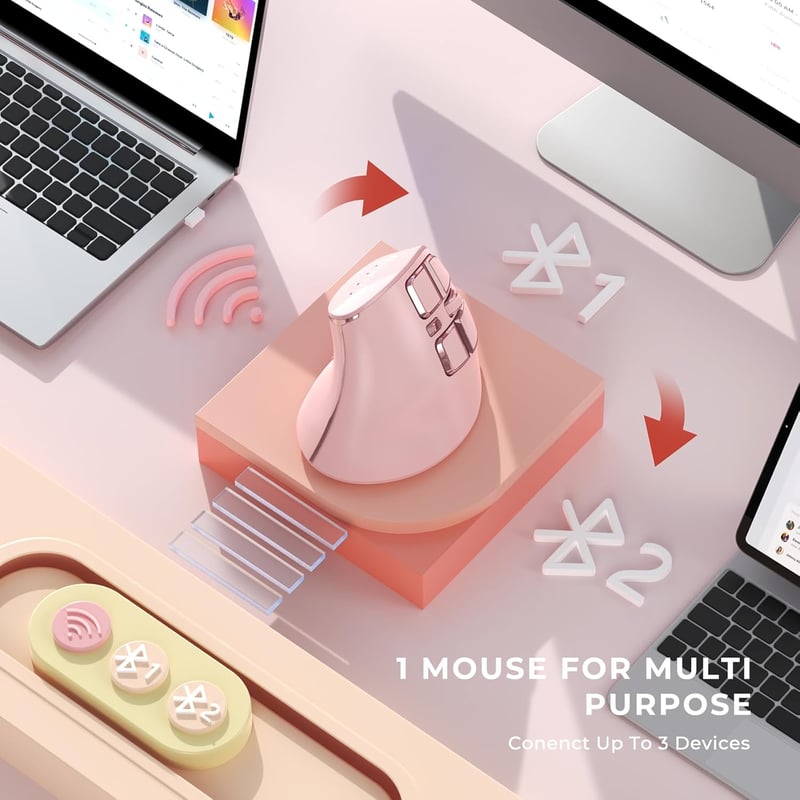 seenda Vertikális Ergonomikus Egér - Bluetooth + 2.4G Vezeték Nélküli, Rózsaszín, Újratölthető, Többeszközös Kompatibilitás Windows/Mac/Andr
