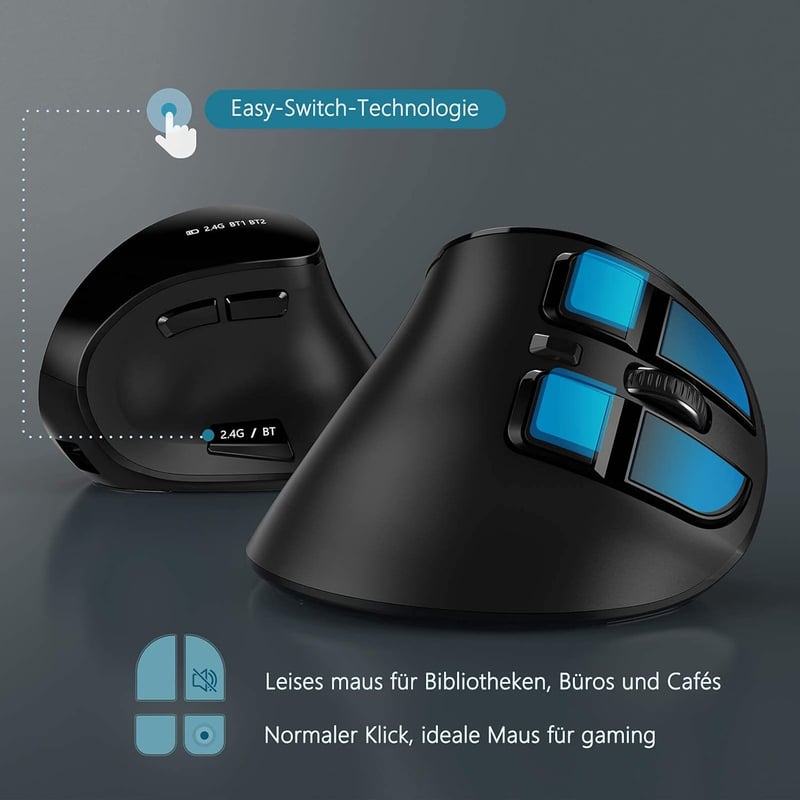 seenda Vertikális Ergonomikus Egér - Bluetooth 5.0 + 2.4G Vezeték Nélküli, Újratölthető, Többeszközös Kompatibilitás Windows/Mac/Android/iOS
