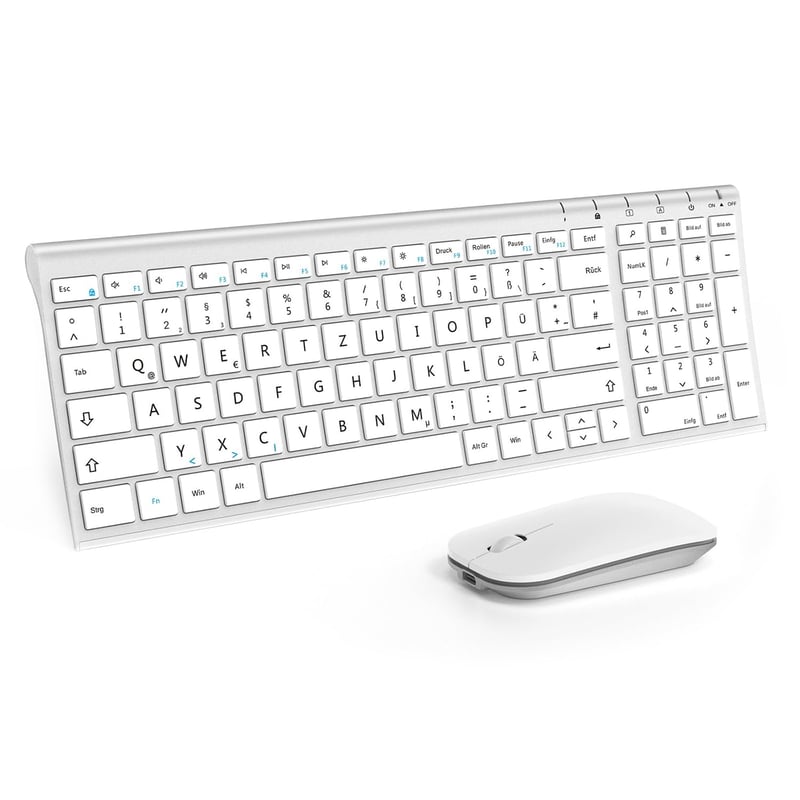 seenda Bezdrôtová klávesnica a myš - Nabíjateľná, ultratenká kovová klávesnica s QWERTZ rozložením pre PC/laptop/Smart TV, biela