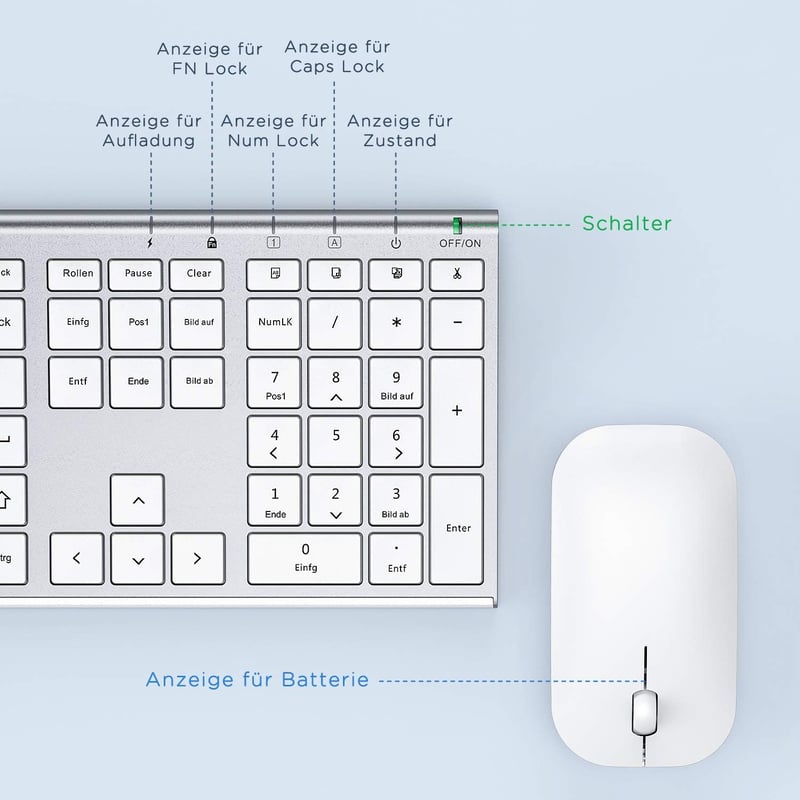 seenda Vezeték Nélküli Billentyűzet-Egér Szett - Ultravékony Alumínium QWERTZ Német Kiosztás, Újratölthető, Windows/PC/Laptop/Smart TV Kompa