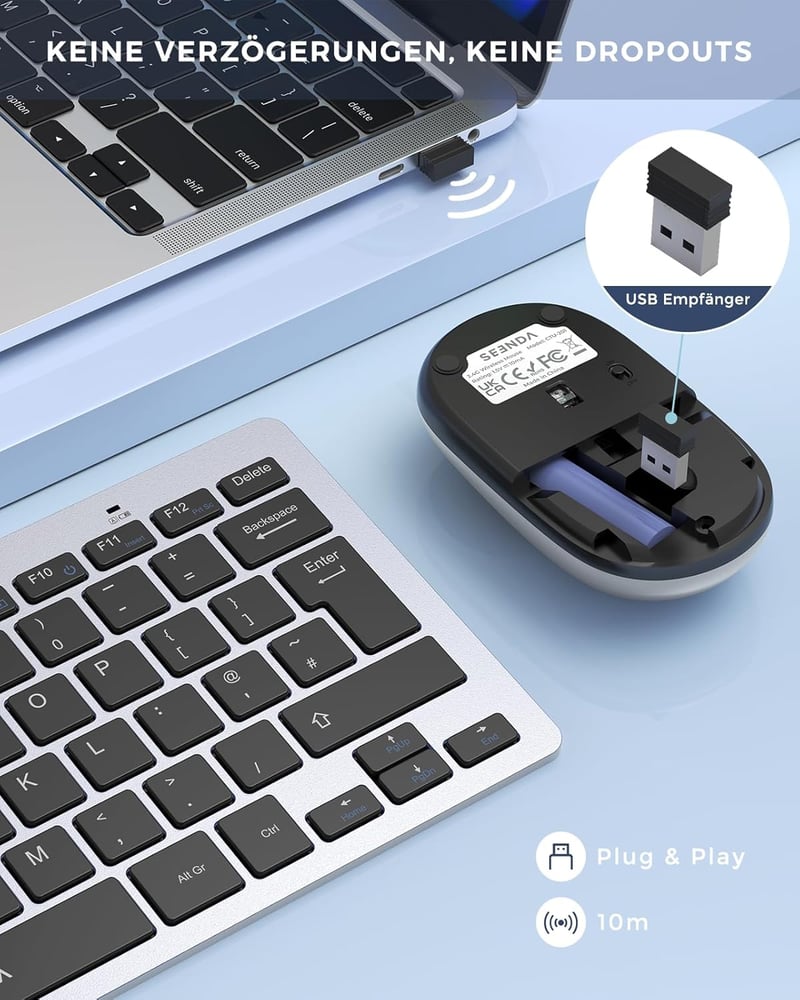 seenda Vezeték Nélküli Billentyűzet és Egér Szett, Kompakt 70% QWERTZ Kiosztású Ultravékony Mini Billentyűzet, USB Vevőegységgel, PC/Laptop/
