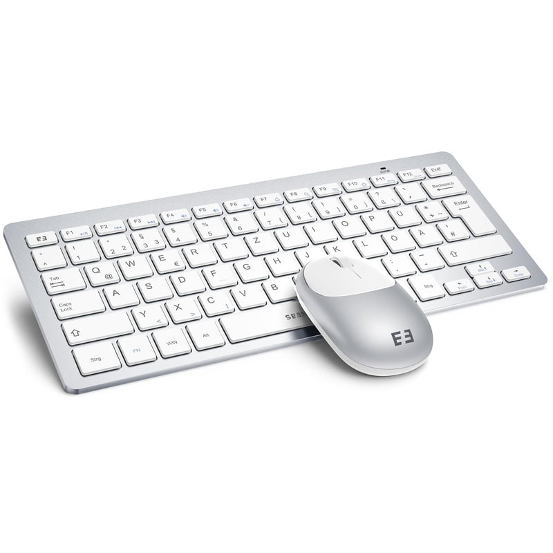 seenda Bežična Tipkovnica i Miš Set, Kompaktni 70% QWERTZ Raspored, Kompatibilno s PC/Laptop/TV, Ultra-tanak Dizajn, Bijelo-Srebrna