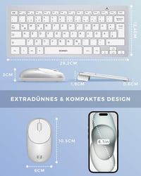 seenda Vezeték Nélküli Billentyűzet és Egér Szett, Kompakt 70% QWERTZ Kiosztás, PC/Laptop/TV Kompatibilis, Ultravékony Dizájn, Fehér-Ezüst 6