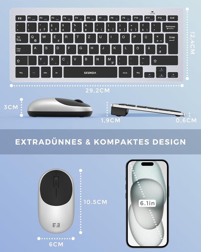 seenda Vezeték Nélküli Billentyűzet és Egér Szett, Kompakt 70% QWERTZ Kiosztású Ultravékony Mini Billentyűzet, USB Vevőegységgel, PC/Laptop/