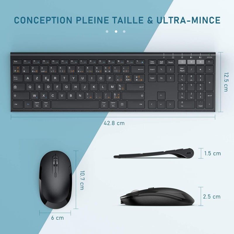 seenda Vezeték Nélküli Billentyűzet és Egér Szett - Többeszközös Csatlakozás (2.4GHz + BT1 + BT2), Újratölthető, Vékony, AZERTY Kiosztás, PC
