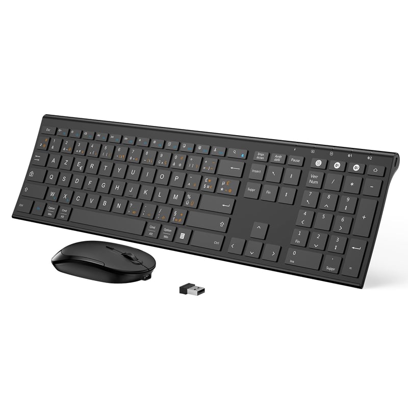 Bezdrôtová klávesnica a myš seenda - Viacnásobné pripojenie (2,4 GHz + BT1 + BT2), Nabíjateľná, Tenká, AZERTY rozloženie, PC
