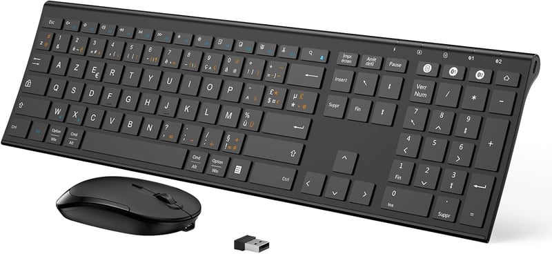 seenda Vezeték Nélküli Billentyűzet és Egér Szett - Többeszközös Csatlakozás (2.4GHz + BT1 + BT2), Újratölthető, Vékony, AZERTY Kiosztás, PC