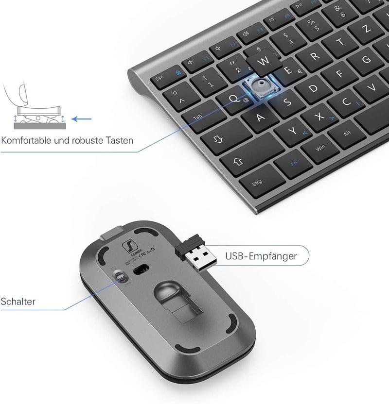 seenda Vezeték Nélküli Billentyűzet és Egér Szett - Ultravékony, Újratölthető, Szürke, 2.4GHz USB, Laptop és Asztali PC Kompatibilis