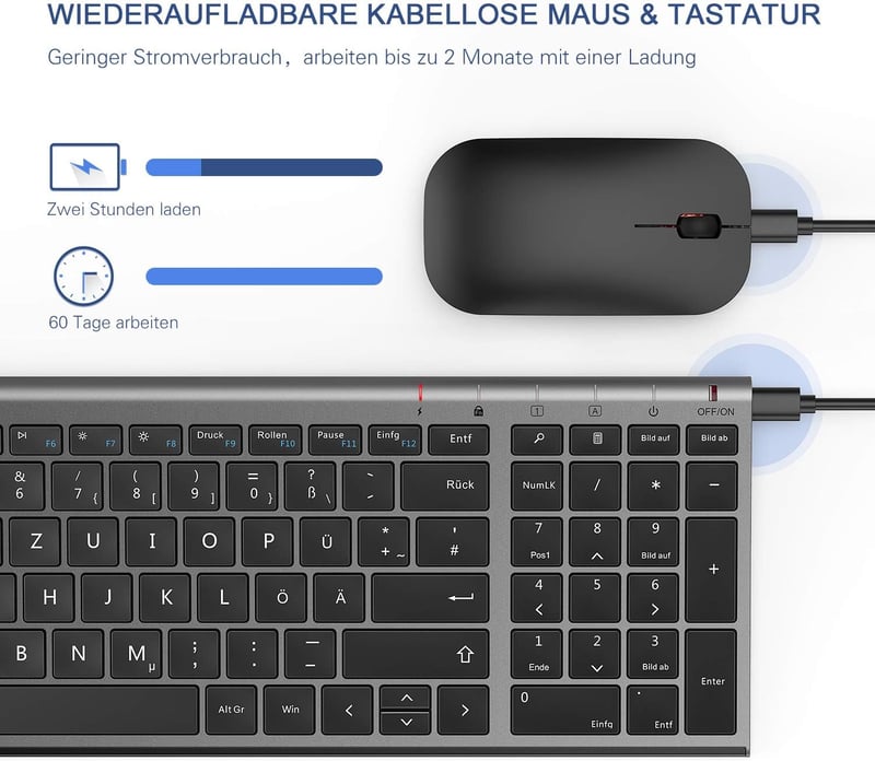 seenda Vezeték Nélküli Billentyűzet és Egér Szett - Ultravékony, Újratölthető, Szürke, 2.4GHz USB, Laptop és Asztali PC Kompatibilis