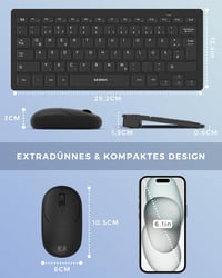 seenda Vezeték Nélküli Mini Billentyűzet és Egér Szett - Kompakt, Hordozható, USB Vevővel, PC/Laptop/Smart TV Kompatibilis, QWERTZ Kiosztás, 2