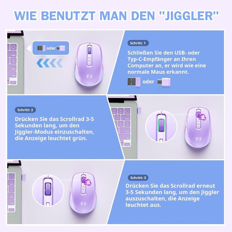 Seenda Vezeték Nélküli USB C Egér Jiggler Funkcióval - Újratölthető, Kettős Vevőegységgel, MacBook Kompatibilis, Lila