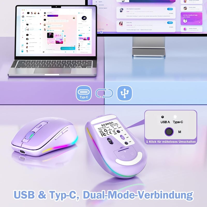 Seenda Vezeték Nélküli USB C Egér Jiggler Funkcióval - Újratölthető, Kettős Vevőegységgel, MacBook Kompatibilis, Lila