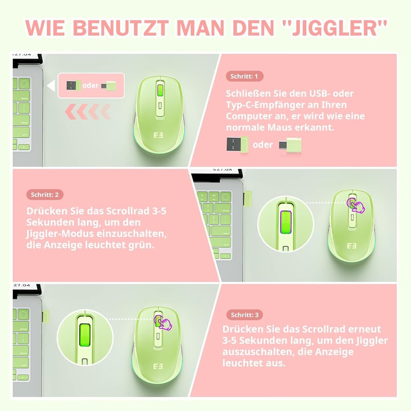 Seenda Vezeték Nélküli USB C Egér Jiggler Funkcióval - Újratölthető, Kettős Vevőegységgel, MacBook, Windows, Android Kompatibilis - Zöld